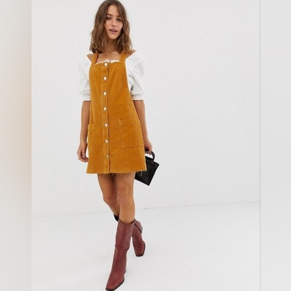 River Island cord pinny dress with button through in mustard - Picture 1 of 4